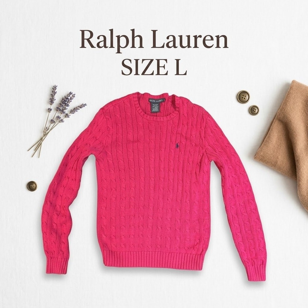 Ralph Lauren Cable Knit Sweater 100% Cotton Womens Large Pink Preppy
